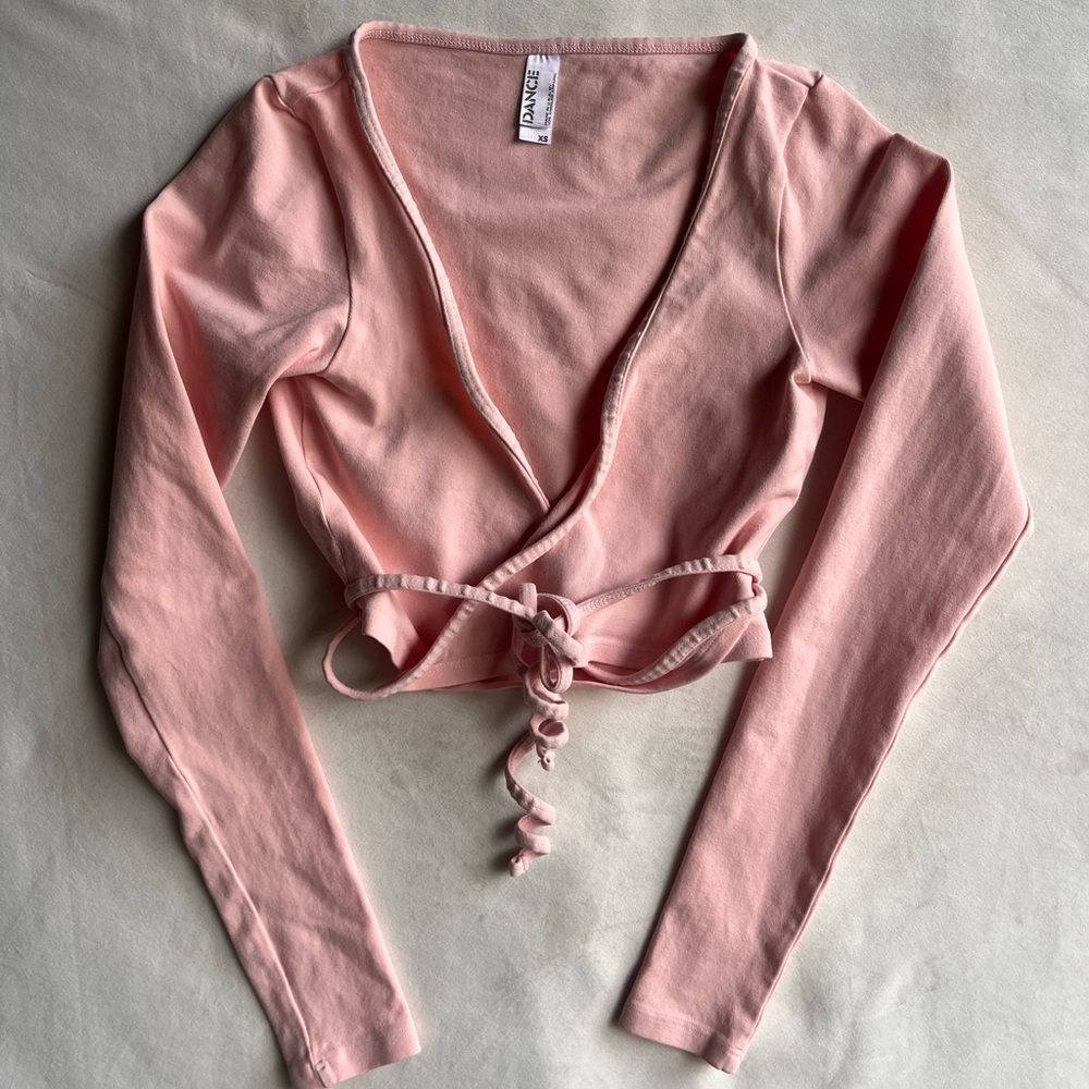 DANCE by Los Angeles Apparel Baby Pink Ballet Wrap-Front Long Sleeve Crop Top